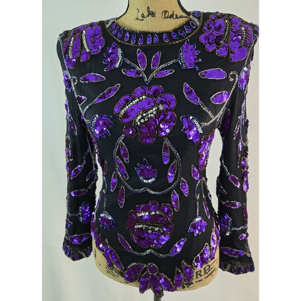 women's 100% Silk Purple Floral Festival live house sequin blouse Top size PS